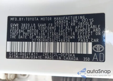 2016 Toyota Corolla L from USA, damaged, VIN 2T1BURHE6GC546836